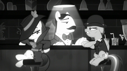 Size: 1920x1080 | Tagged: safe, derpibooru import, screencap, rainbow dash, rarity, pegasus, pony, unicorn, sparkle's seven, black and white, grayscale, investigator dash, monochrome, noir