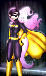 Size: 1152x1920 | Tagged: safe, artist:gamermac, fluttershy, anthro, bat pony, abs, batgirl, clothes, costume, dc comics, flutterbat, latex, nightmare night, rain, solo