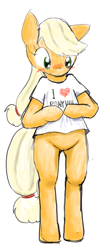 Size: 804x1833 | Tagged: safe, artist:seidouryu, applejack, earth pony, pony, semi-anthro, bipedal, blushing, bottomless, clothes, cute, hatless, missing accessory, shirt