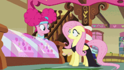 Size: 800x450 | Tagged: safe, screencap, fluttershy, pinkie pie, earth pony, pegasus, pony, scare master, animated, clothes, costume, nightmare night, nightmare night costume, pinkie puffs, roller skates, sugarcube corner