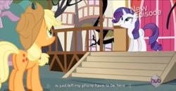 Size: 1575x813 | Tagged: safe, screencap, applejack, rarity, earth pony, pony, unicorn, meme, youtube caption