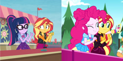 Size: 2160x1080 | Tagged: safe, screencap, pinkie pie, sci-twi, sunset shimmer, twilight sparkle, equestria girls, equestria girls series, rollercoaster of friendship, sunset's backstage pass!, spoiler:eqg series (season 2), cellphone, doodle bug, female, geode of empathy, geode of sugar bombs, glasses, magical geodes, male, offscreen character, phone, ponytail, smartphone