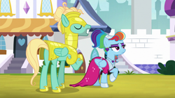 Size: 1920x1080 | Tagged: safe, derpibooru import, screencap, rainbow dash, zephyr breeze, pegasus, pony, sparkle's seven, duo male and female, female, male, megaradash, rainbow dash is not amused, royal guard zephyr breeze