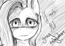 Size: 1024x731 | Tagged: safe, artist:lacayra, fluttershy, pegasus, pony, grayscale, monochrome, solo, yandere, yandershy