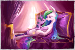 Size: 1614x1072 | Tagged: safe, artist:plainoasis, princess celestia, twilight sparkle, twilight sparkle (alicorn), alicorn, pony, bed, bedroom, cuddling, female, lesbian, looking at each other, missing accessory, open mouth, shipping, smiling, snuggling, twilestia, window