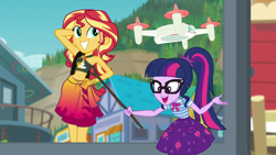 Size: 900x506 | Tagged: safe, edit, edited screencap, screencap, sci-twi, sunset shimmer, twilight sparkle, equestria girls, equestria girls series, forgotten friendship, holidays unwrapped, spoiler:eqg series (season 2), belly button, chalkboard, clothes, geode of empathy, lidded eyes, magical geodes, selfie drone, sexy, sleeveless, sunset selfie, swimsuit
