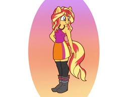 Size: 1200x923 | Tagged: safe, alternate version, artist:heir-of-rick, sunset shimmer, anthro, plantigrade anthro, abstract background, alternative cutie mark placement, boots, clothes, cute, female, miniskirt, shimmerbetes, shoes, skirt, socks, solo, thigh highs, zettai ryouiki