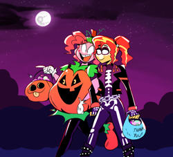 Size: 1280x1163 | Tagged: safe, artist:cassettepunk, pinkie pie, sunset shimmer, equestria girls, candy, clothes, costume, female, food, halloween, halloween costume, holiday, lesbian, open mouth, shipping, skeleton costume, sunsetpie