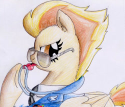 Size: 516x441 | Tagged: safe, artist:snugglejubilee, derpibooru import, spitfire, wonderbolts academy, clothes, solo, sunglasses, traditional art