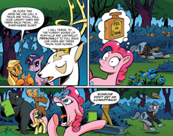 Size: 1034x813 | Tagged: safe, idw, applejack, fluttershy, king aspen, pinkie pie, twilight sparkle, twilight sparkle (alicorn), alicorn, earth pony, gorilla, moose, pegasus, pony, spoiler:comic, spoiler:comic28, barrel, female, gangster, jargon, mare, perfume