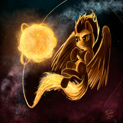 Size: 900x900 | Tagged: safe, artist:tsitra360, derpibooru import, spitfire, pegasus, pony, contrail, female, fire, flying, grin, kallisti, looking back, mare, nebula, smiling, smirk, solo, space, spread wings, stars, sun, surreal, trail, wat, windswept mane, wings