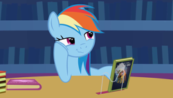 Size: 1920x1080 | Tagged: safe, artist:agrol, derpibooru import, screencap, daring do, rainbow dash, pegasus, pony, book, bookshelf, female, happy, just relax and read, library, looking at something, mare, smiling, solo