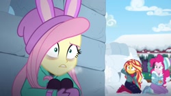 Size: 1920x1080 | Tagged: safe, screencap, fluttershy, pinkie pie, sunset shimmer, better together, equestria girls, holidays unwrapped, clothes, scared, shrunken pupils, winter outfit