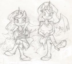 Size: 1029x924 | Tagged: safe, artist:dertikleen, derpibooru exclusive, princess celestia, princess luna, anthro, plantigrade anthro, clothes, hug, sitting, skirt, traditional art, winghug