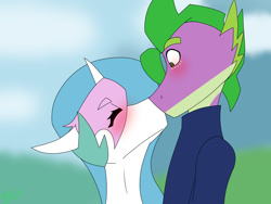 Size: 1600x1200 | Tagged: safe, artist:moonaknight13, princess celestia, spike, alicorn, dragon, pony, adult spike, blushing, blushing profusely, clothes, female, kissing, male, older, shipping, shirt, shocked, simple background, spikelestia, straight, sudden kiss