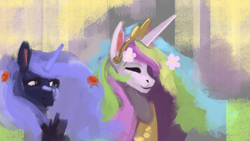 Size: 1920x1080 | Tagged: safe, artist:hierozaki, princess celestia, princess luna, alicorn, pony, female, flower, flower in hair, mare, royal sisters