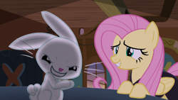 Size: 1280x720 | Tagged: safe, screencap, angel bunny, fluttershy, pegasus, pony, rabbit, scare master, angel is a bunny bastard, duo, evil grin, female, grin, male, mare, pure unfiltered evil, smiling