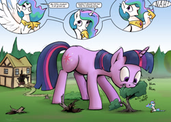 Size: 1920x1371 | Tagged: safe, artist:shieltar, princess celestia, twilight sparkle, unicorn twilight, alicorn, pony, unicorn, comic:giant twilight, chomp, descriptive noise, destruction, dialogue, eating, giant pony, giantess, growth, it begins, macro, meme, nom, rustle, sillestia, silly, tree, trollestia