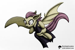 Size: 1000x667 | Tagged: safe, artist:rockingscorpion, fluttershy, bat pony, pony, undead, vampire, vampony, 2015, clothes, flutterbat, flying, halloween, happy halloween, happy nightmare night, looking down, nightmare night, signature, solo, theme