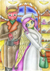 Size: 1228x1747 | Tagged: safe, artist:sinaherib, big macintosh, fluttershy, anthro, bakery, beard, breasts, clothes, coat, cute, dollars, female, fluttermac, male, shipping, shopping, shyabetes, straight, traditional art, wallet, winter