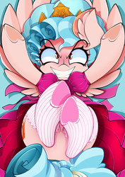 Size: 2893x4092 | Tagged: safe, artist:ahekao, cozy glow, pegasus, pony, school raze, butt, clothes, cozy glutes, cozybetes, cute, dress, ear fluff, evil, featureless crotch, female, filly, foal, heart, heart hoof, hug, jewelry, looking at you, no just no, plot, pure concentrated unfiltered evil of the utmost potency, ribbon, socks, stockings, striped socks, technically an upskirt shot, thigh highs, tiara
