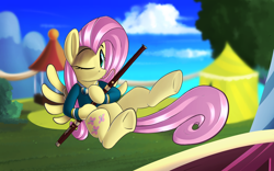 Size: 1940x1213 | Tagged: safe, artist:january3rd, fluttershy, pegasus, pony, bassoon, cute, musical instrument, ponytones outfit, solo, underhoof