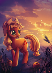 Size: 1024x1448 | Tagged: safe, artist:sprucie, applejack, earth pony, pony, apple, crepuscular rays, scenery, solo, sunset