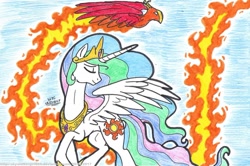 Size: 1024x679 | Tagged: safe, artist:artistnjc, philomena, princess celestia, alicorn, phoenix, pony, colored, colored pencil drawing, duo, eyes closed, female, fire, mare, pet, raised hoof, royalty, simple background, spread wings, traditional art