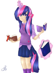 Size: 700x950 | Tagged: safe, artist:nynjakat, derpibooru import, twilight sparkle, human, bow, horned humanization, humanized, magic, solo, tailed humanization