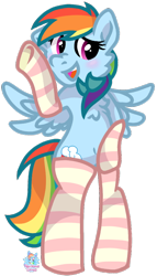 Size: 520x907 | Tagged: safe, artist:rainbow eevee, rainbow dash, pegasus, pony, behaving like a cat, bipedal, blushing, clothes, cute, open mouth, simple background, smiling, socks, solo, striped socks, thigh highs, transparent background, vector