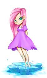 Size: 1114x1838 | Tagged: safe, artist:glacierclear, fluttershy, human, barefoot, blushing, clothes, dress, feet, humanized, looking at you, solo, water