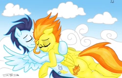 Size: 1024x658 | Tagged: safe, artist:pluckyninja, derpibooru import, soarin', spitfire, semi-anthro, cloud, cloudy, colored, cuddling, female, male, old cutie mark, plot, shipping, sleeping, snuggling, soarinfire, spread wings, straight, stupid sexy spitfire