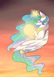 Size: 1024x1448 | Tagged: safe, artist:astralixie, princess celestia, alicorn, pony, flying, magic, solo, sun, tangible heavenly object, twilight (astronomy)