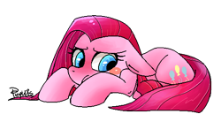 Size: 538x334 | Tagged: safe, artist:phyllismi, pinkie pie, earth pony, pony, blush sticker, blushing, pinkamena diane pie, solo