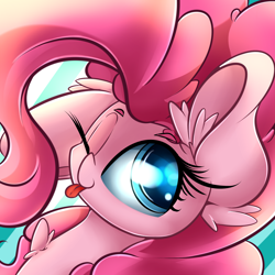 Size: 1800x1800 | Tagged: safe, artist:madacon, pinkie pie, earth pony, pony, bust, chest fluff, cute, diapinkes, ear fluff, portrait, solo, tongue out, wink