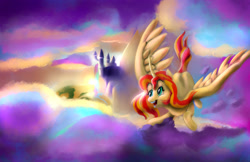 Size: 2318x1500 | Tagged: safe, artist:paleheart-arts, sunset shimmer, alicorn, pony, alicornified, canterlot, cloud, female, flying, happy, mare, open mouth, race swap, scenery, shimmercorn, smiling, solo