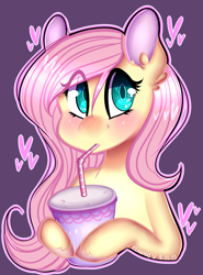 Size: 2000x2700 | Tagged: safe, artist:bunxl, fluttershy, pegasus, pony, blushing, bust, colored pupils, drinking, drinking straw, holding, looking at you, portrait, soda, solo