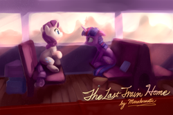 Size: 3000x2000 | Tagged: safe, artist:jykinturah, artist:lilfunkman, rarity, twilight sparkle, pony, unicorn, collaboration, fanfic:the last train home, cute, duo, fanfic, fanfic art, fanfic cover, female, floppy ears, lesbian, mare, rarilight, shipping, train