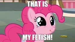 Size: 1280x720 | Tagged: safe, edit, edited screencap, screencap, pinkie pie, earth pony, pony, what about discord?, caption, discovery family logo, image macro, licking, licking lips, meme, reaction image, solo, that is my fetish, tongue out