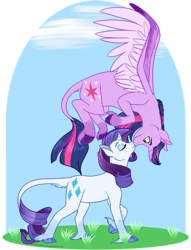 Size: 889x1166 | Tagged: safe, artist:arcticwaters, derpibooru import, rarity, twilight sparkle, twilight sparkle (alicorn), alicorn, classical unicorn, pony, unicorn, blushing, boop, cloven hooves, eyes closed, female, flying, kissing, lesbian, mare, noseboop, nuzzling, rarilight, shipping, smiling, spread wings, unshorn fetlocks, upside down