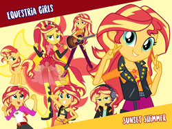 Size: 1440x1080 | Tagged: safe, artist:famousmari5, artist:keronianniroro, artist:sugar-loop, artist:twilirity, artist:whalepornoz, sunset shimmer, pony, unicorn, better together, equestria girls, forgotten friendship, game stream, legend of everfree, let it rain, bikini, camp everfree outfits, camper, clothes, cute, cutie mark, female, geode of empathy, guitar, headphones, magical geodes, mare, musical instrument, open mouth, pants, ponied up, shoes, shorts, skirt, super ponied up, swimsuit, vector, wallpaper