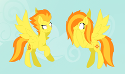 Size: 1072x640 | Tagged: safe, artist:thelunarmage, derpibooru import, spitfire, oc, oc:solaria, pegasus, pony, twins