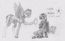 Size: 3175x2015 | Tagged: safe, artist:joestick, derpibooru import, rainbow dash, twilight sparkle, twilight sparkle (alicorn), alicorn, pegasus, pony, unicorn, book, clothes, female, floppy ears, magic, mare, monochrome, pencil drawing, socks, sockship is magic, striped socks, traditional art