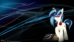 Size: 1280x720 | Tagged: safe, artist:firenze, derpibooru import, dj pon-3, vinyl scratch, pony, unicorn, headphones, solo, turntable, wallpaper