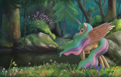 Size: 3248x2072 | Tagged: safe, artist:starblaze25, princess celestia, alicorn, bird, pony, creek, flower, forest, grass, lidded eyes, looking at you, looking back, missing accessory, raised hoof, rear view, rock, scenery, scenery porn, smiling, solo, spread wings, tree