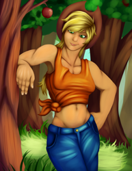 Size: 2550x3300 | Tagged: safe, artist:grennadder, applejack, human, apple tree, armpits, belly button, clothes, front knot midriff, humanized, leaning, looking at you, midriff, smiling, solo, tanktop, tree