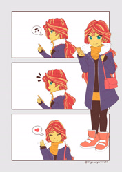 Size: 1791x2529 | Tagged: safe, artist:dragonemperror2810, sunset shimmer, human, equestria girls, anime, cellphone, clothes, coat, cute, eyes closed, female, handbag, heart, looking at you, music notes, phone, pictogram, scarf, shimmerbetes, shoes, smiling, solo, speech bubble, waving