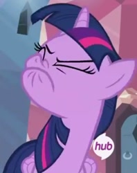 Size: 366x461 | Tagged: safe, derpibooru import, screencap, twilight sparkle, twilight sparkle (alicorn), alicorn, pony, twilight's kingdom, cropped, faic, female, hub logo, mare, scrunchy face, solo