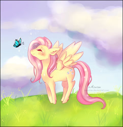 Size: 1024x1058 | Tagged: safe, artist:xasurae, fluttershy, butterfly, pegasus, pony, eyes closed, solo, spread wings