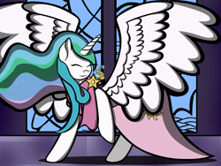 Size: 4000x3000 | Tagged: safe, artist:miragepotato, princess celestia, alicorn, pony, clothes, dancing, dress, eyes closed, solo, spread wings